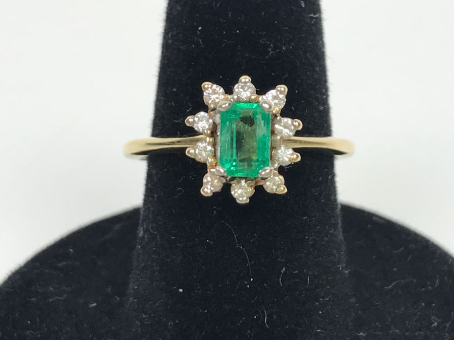 14K Yellow Gold Emerald And Diamond Ring 5.5X3.8MM Emerald .16Cttw Diamonds 2.9g Ring Size 6 1/4