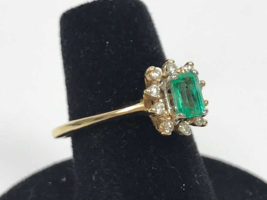 14K Yellow Gold Emerald And Diamond Ring 5.5X3.8MM Emerald .16Cttw Diamonds 2.9g Ring Size 6 1/4 [Photo 6]