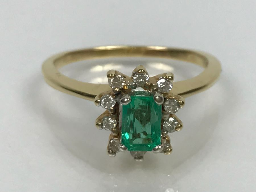 14K Yellow Gold Emerald And Diamond Ring 5.5X3.8MM Emerald .16Cttw ...