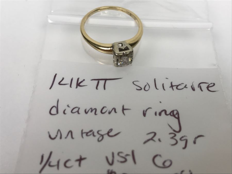 14K Yellow Gold Solitaire Vintage Diamond Ring .25Ct VS-1 G Ring Size 7