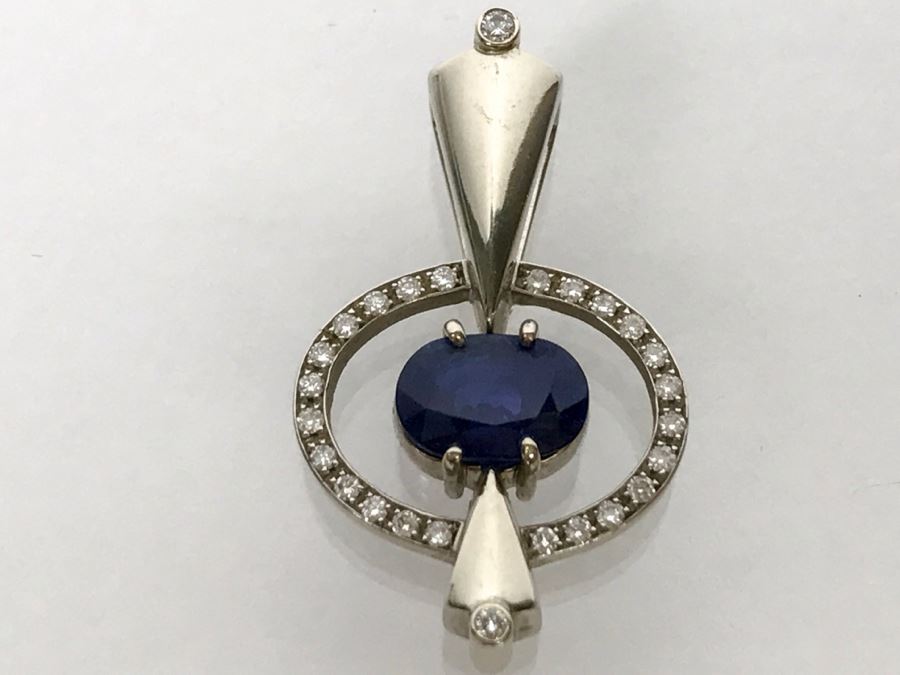 14K White Gold Custom Sapphire And Diamond Slide Pendant .25Cttw Diamonds 2.3Ct Sapphire 7.4g FMV $1,600 (Chain Not Included) [Photo 4]