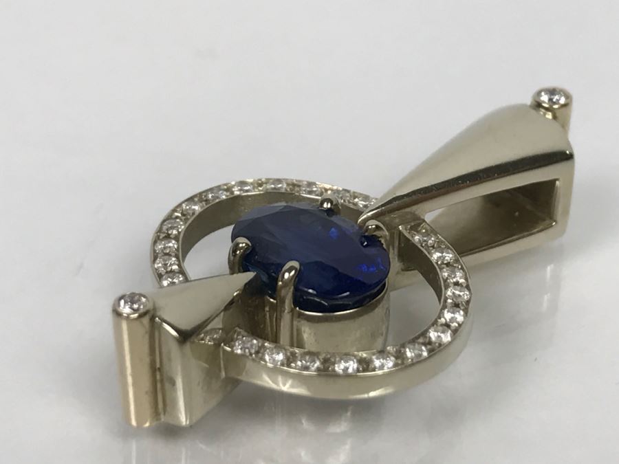 14K White Gold Custom Sapphire And Diamond Slide Pendant .25Cttw Diamonds 2.3Ct Sapphire 7.4g FMV $1,600 (Chain Not Included) [Photo 20]