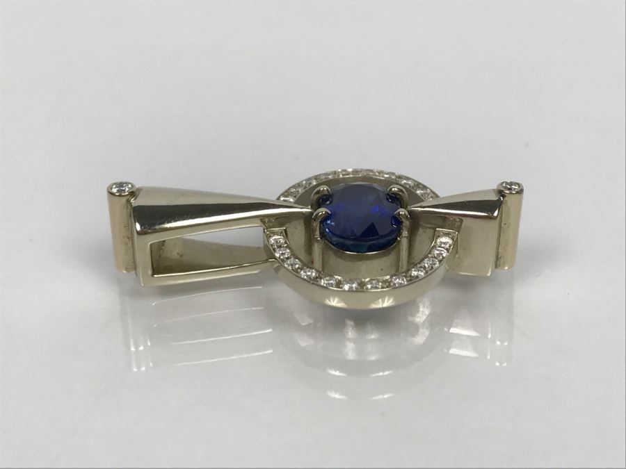 14K White Gold Custom Sapphire And Diamond Slide Pendant .25Cttw Diamonds 2.3Ct Sapphire 7.4g FMV $1,600 (Chain Not Included) [Photo 14]