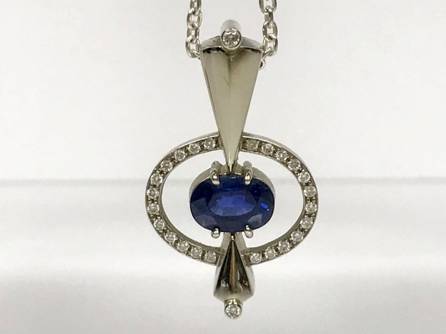 14K White Gold Custom Sapphire And Diamond Slide Pendant .25Cttw Diamonds 2.3Ct Sapphire 7.4g FMV $1,600 (Chain Not Included) [Photo 1]