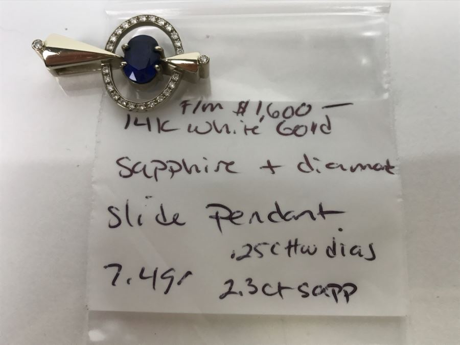 14K White Gold Custom Sapphire And Diamond Slide Pendant .25Cttw Diamonds 2.3Ct Sapphire 7.4g FMV $1,600 (Chain Not Included) [Photo 26]