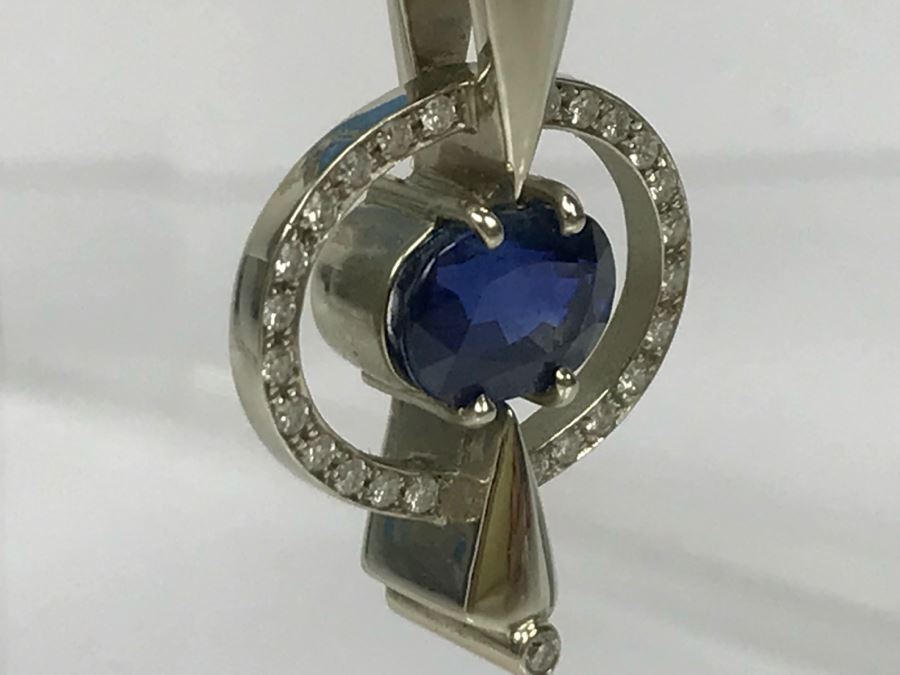14K White Gold Custom Sapphire And Diamond Slide Pendant .25Cttw Diamonds 2.3Ct Sapphire 7.4g FMV $1,600 (Chain Not Included) [Photo 10]