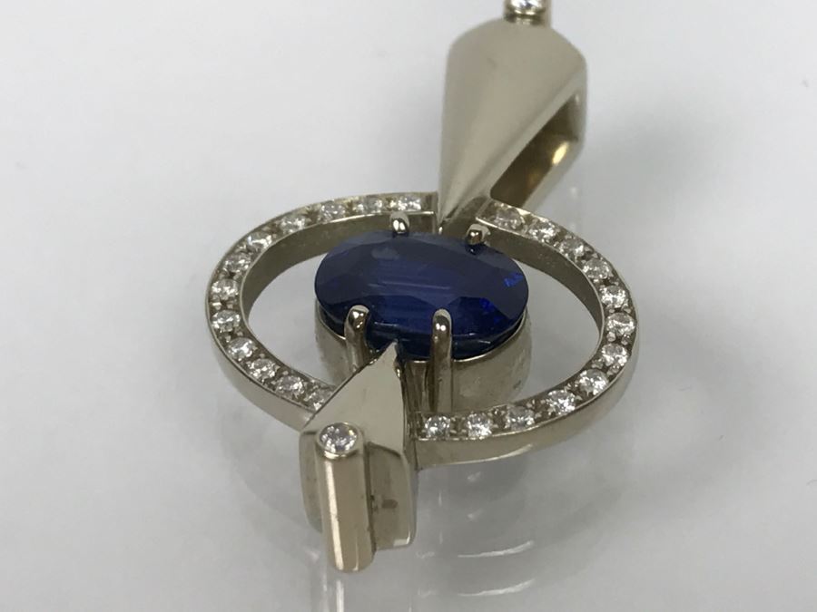 14K White Gold Custom Sapphire And Diamond Slide Pendant .25Cttw Diamonds 2.3Ct Sapphire 7.4g FMV $1,600 (Chain Not Included) [Photo 19]
