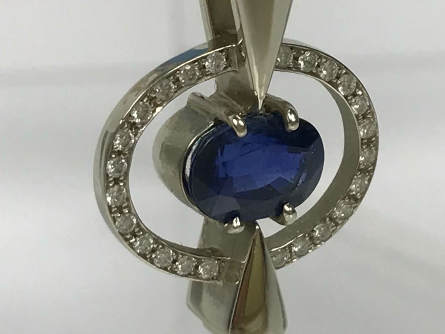 14K White Gold Custom Sapphire And Diamond Slide Pendant .25Cttw Diamonds 2.3Ct Sapphire 7.4g FMV $1,600 (Chain Not Included) [Photo 8]