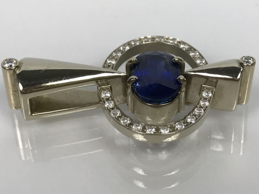 14K White Gold Custom Sapphire And Diamond Slide Pendant .25Cttw Diamonds 2.3Ct Sapphire 7.4g FMV $1,600 (Chain Not Included) [Photo 15]