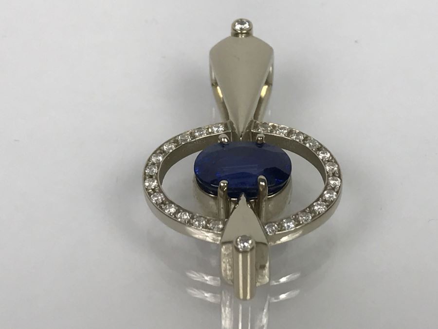 14K White Gold Custom Sapphire And Diamond Slide Pendant .25Cttw Diamonds 2.3Ct Sapphire 7.4g FMV $1,600 (Chain Not Included) [Photo 2]