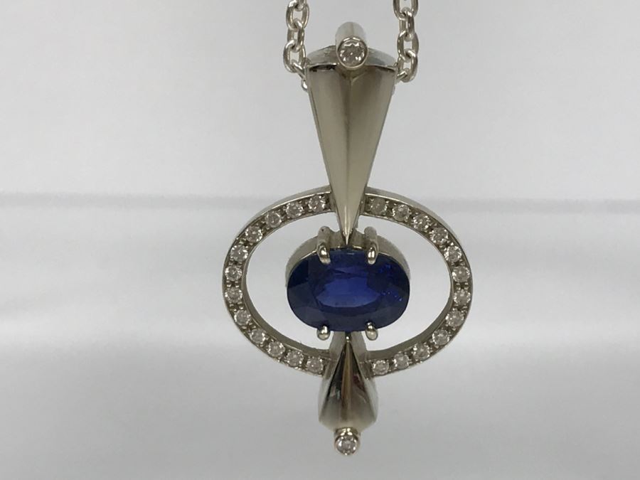 14K White Gold Custom Sapphire And Diamond Slide Pendant .25Cttw Diamonds 2.3Ct Sapphire 7.4g FMV $1,600 (Chain Not Included) [Photo 6]