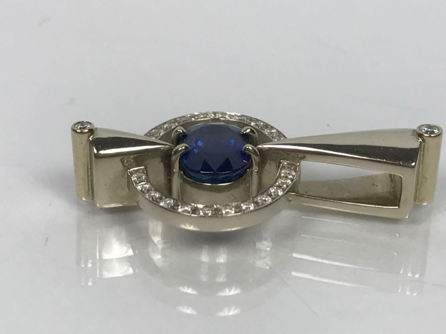 14K White Gold Custom Sapphire And Diamond Slide Pendant .25Cttw Diamonds 2.3Ct Sapphire 7.4g FMV $1,600 (Chain Not Included) [Photo 21]