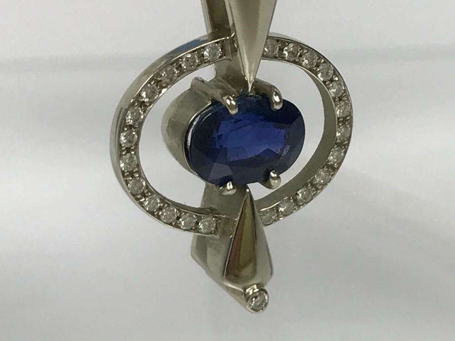 14K White Gold Custom Sapphire And Diamond Slide Pendant .25Cttw Diamonds 2.3Ct Sapphire 7.4g FMV $1,600 (Chain Not Included) [Photo 3]