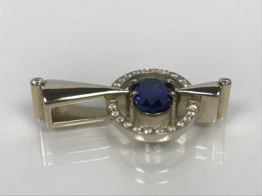 14K White Gold Custom Sapphire And Diamond Slide Pendant .25Cttw Diamonds 2.3Ct Sapphire 7.4g FMV $1,600 (Chain Not Included) [Photo 13]