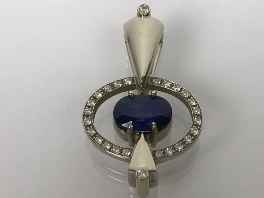 14K White Gold Custom Sapphire And Diamond Slide Pendant .25Cttw Diamonds 2.3Ct Sapphire 7.4g FMV $1,600 (Chain Not Included) [Photo 18]