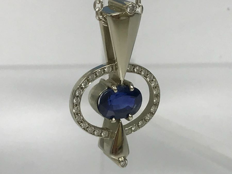 14K White Gold Custom Sapphire And Diamond Slide Pendant .25Cttw Diamonds 2.3Ct Sapphire 7.4g FMV $1,600 (Chain Not Included) [Photo 7]