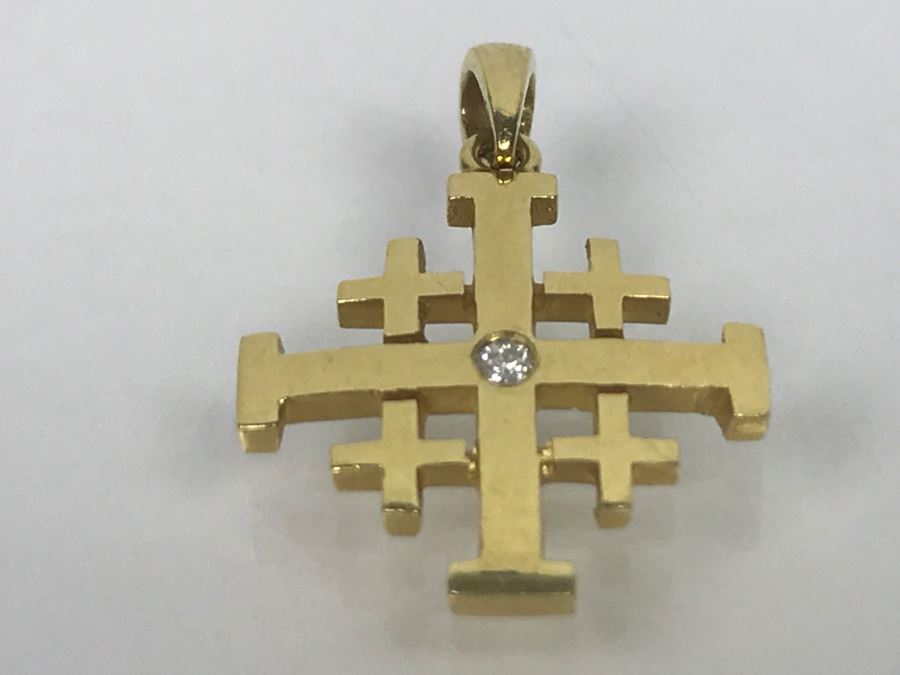 18K Yellow Gold Diamond Ancient Jerusalem Symbol Pendant 1.8g FMV $100 [Photo 4]