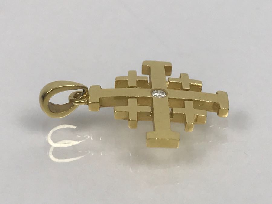 18K Yellow Gold Diamond Ancient Jerusalem Symbol Pendant 1.8g FMV $100 [Photo 6]