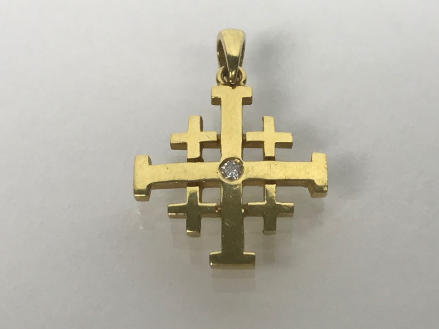 18K Yellow Gold Diamond Ancient Jerusalem Symbol Pendant 1.8g FMV $100 [Photo 2]