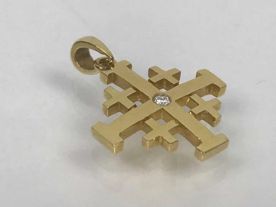 18K Yellow Gold Diamond Ancient Jerusalem Symbol Pendant 1.8g FMV $100 [Photo 5]