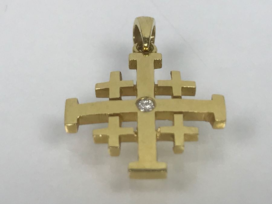 18K Yellow Gold Diamond Ancient Jerusalem Symbol Pendant 1.8g FMV $100 [Photo 3]