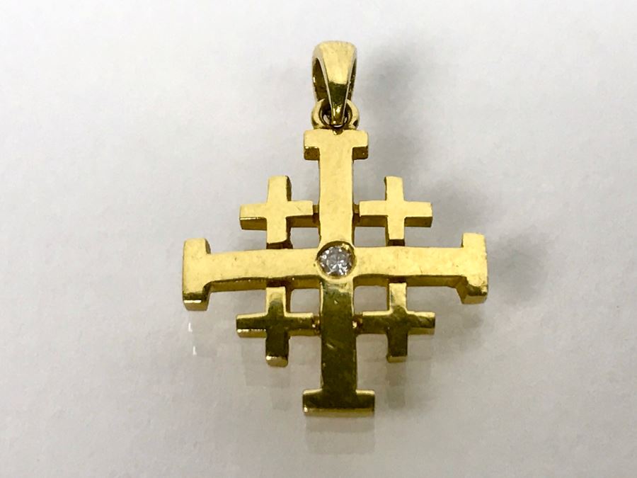 18K Yellow Gold Diamond Ancient Jerusalem Symbol Pendant 1.8g FMV $100