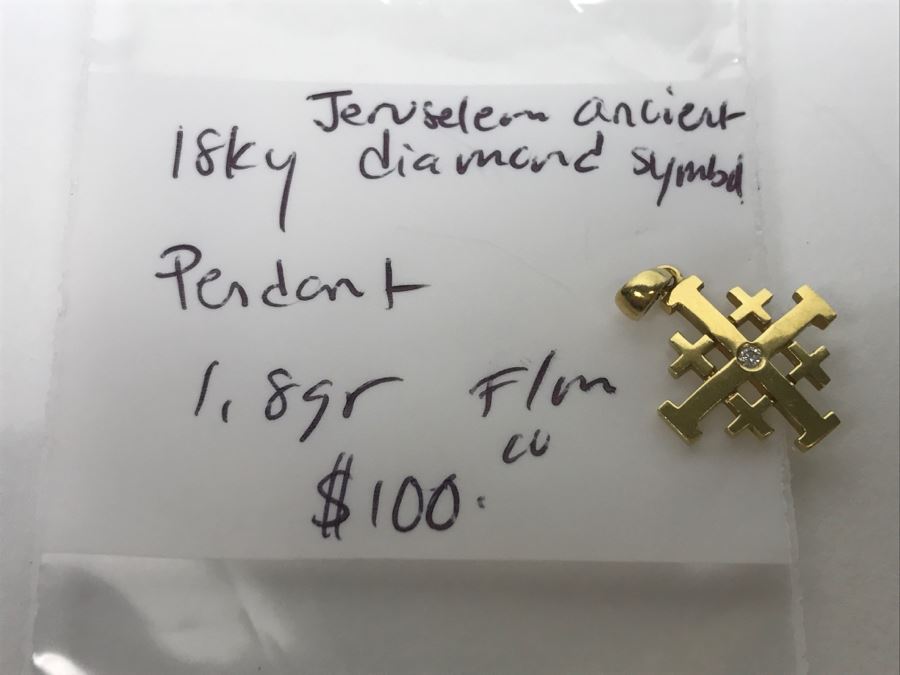 18K Yellow Gold Diamond Ancient Jerusalem Symbol Pendant 1.8g FMV $100 [Photo 12]