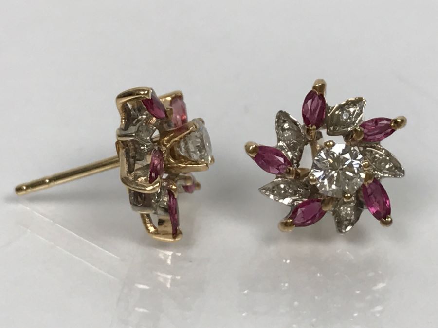 14K Yellow Gold Ruby And Diamond Earrings Si-1 Si-2 .4Cttw Diamonds G-H FMV $350 [Photo 6]