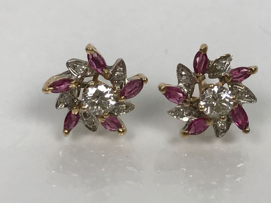 14K Yellow Gold Ruby And Diamond Earrings Si-1 Si-2 .4Cttw Diamonds G-H ...