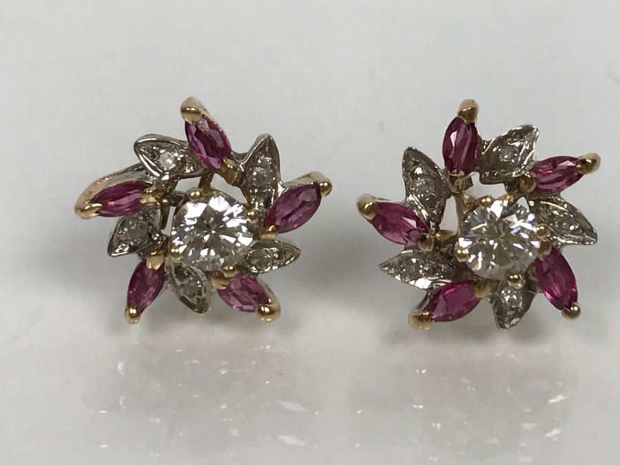 14K Yellow Gold Ruby And Diamond Earrings Si-1 Si-2 .4Cttw Diamonds G-H FMV $350 [Photo 5]