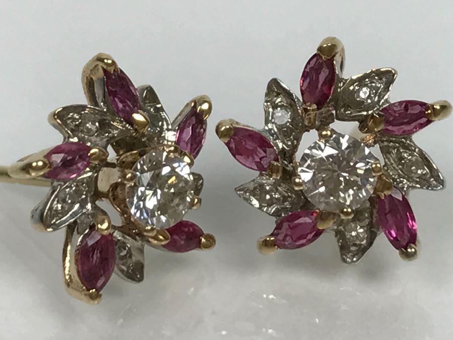 14K Yellow Gold Ruby And Diamond Earrings Si-1 Si-2 .4Cttw Diamonds G-H FMV $350 [Photo 10]