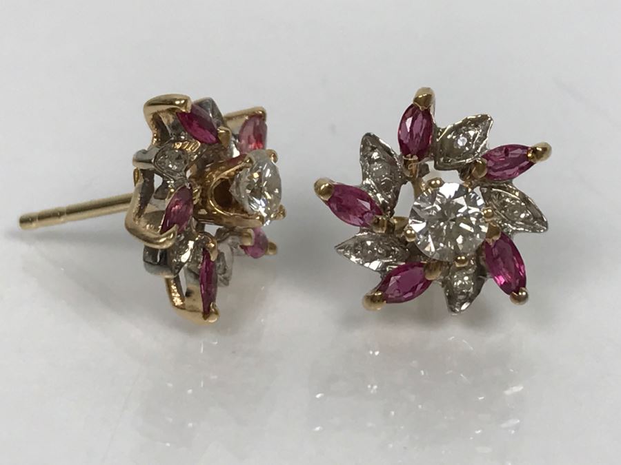 14K Yellow Gold Ruby And Diamond Earrings Si-1 Si-2 .4Cttw Diamonds G-H FMV $350 [Photo 7]