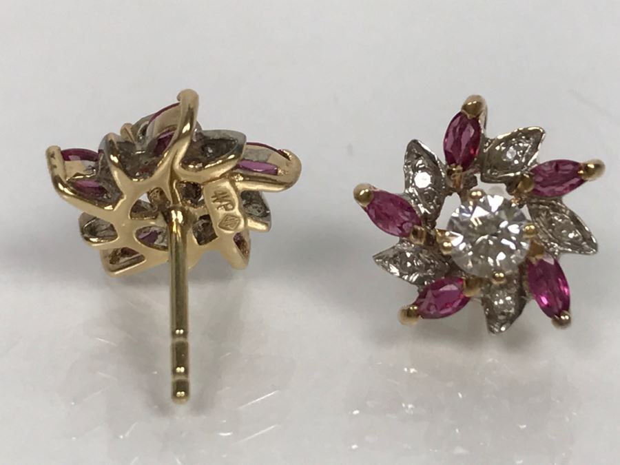 14K Yellow Gold Ruby And Diamond Earrings Si-1 Si-2 .4Cttw Diamonds G-H FMV $350 [Photo 8]