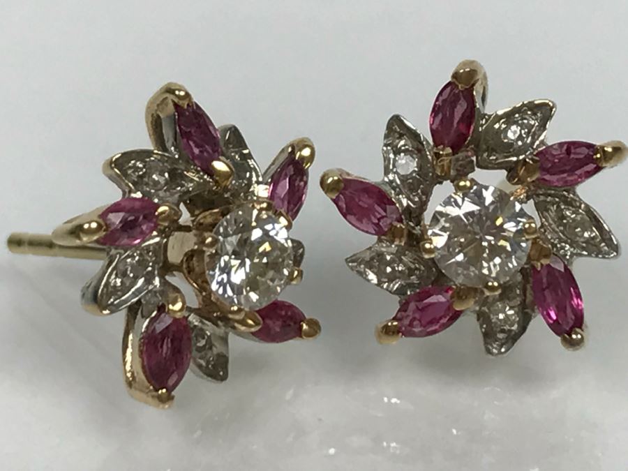 14K Yellow Gold Ruby And Diamond Earrings Si-1 Si-2 .4Cttw Diamonds G-H FMV $350 [Photo 11]