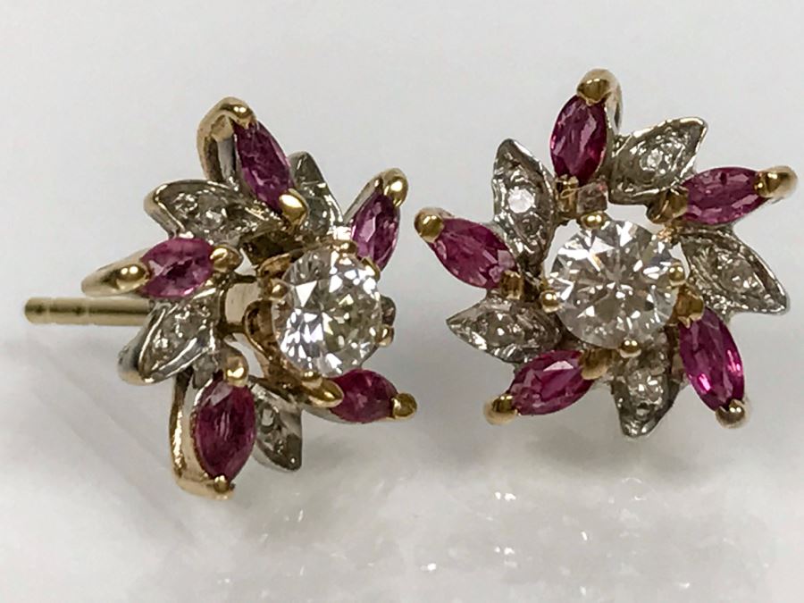 14K Yellow Gold Ruby And Diamond Earrings Si-1 Si-2 .4Cttw Diamonds G-H ...