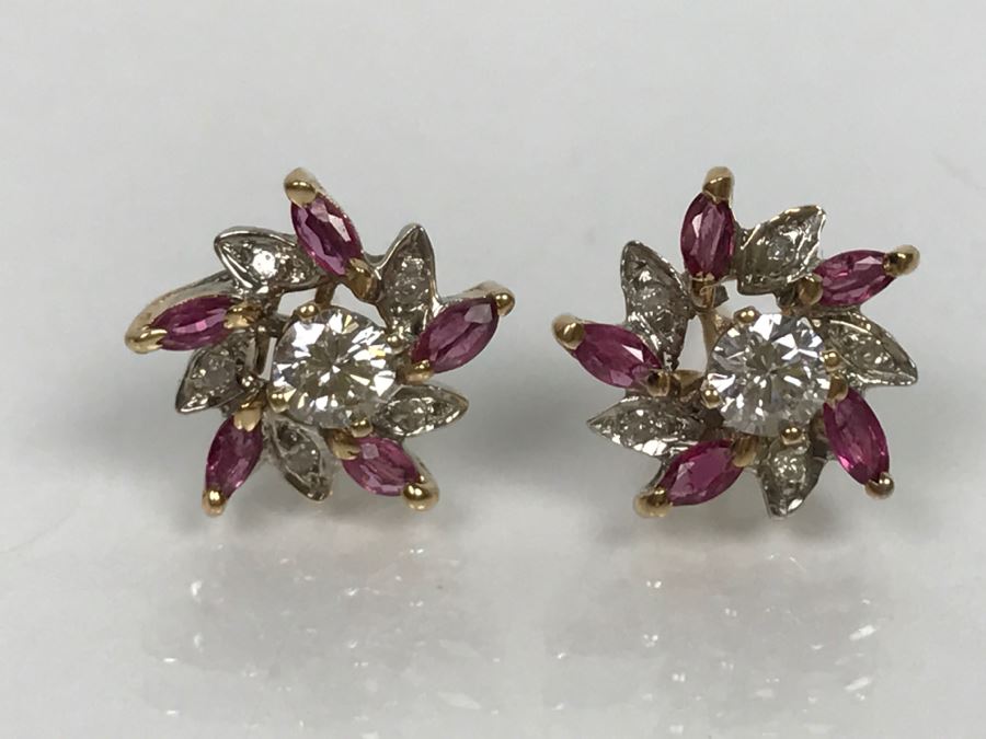 14K Yellow Gold Ruby And Diamond Earrings Si-1 Si-2 .4Cttw Diamonds G-H FMV $350 [Photo 2]