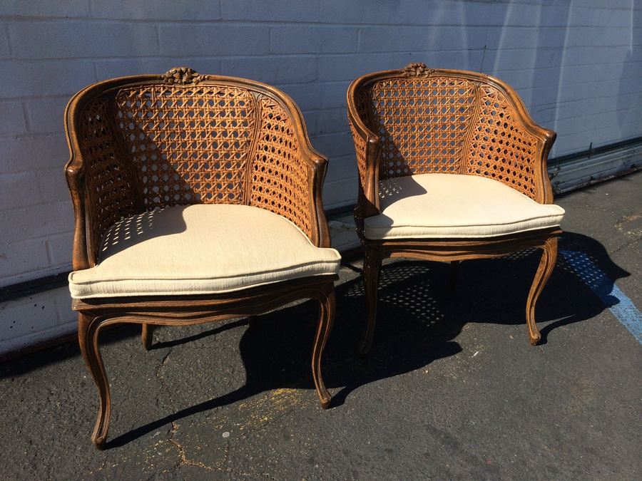 Cane Occasional Chairs with Silk Cushions