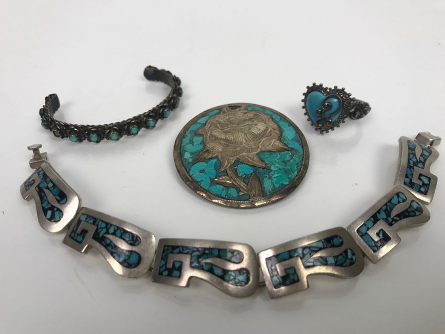 Various Sterling Silver Turquoise Jewelry Pieces Bracelet, Ring, Pendant And Cuff 81g [Photo 2]