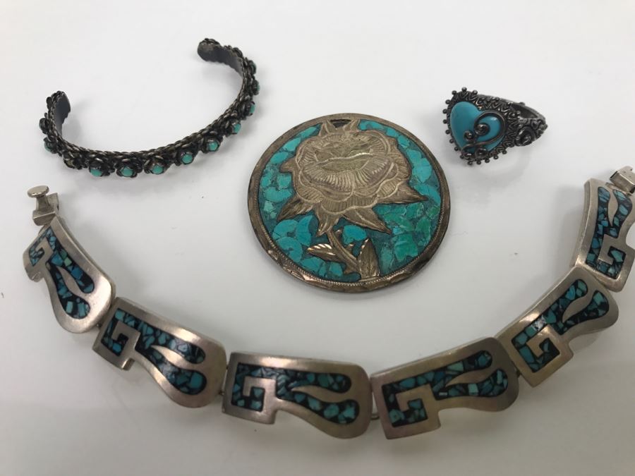 Various Sterling Silver Turquoise Jewelry Pieces Bracelet, Ring, Pendant And Cuff 81g [Photo 3]
