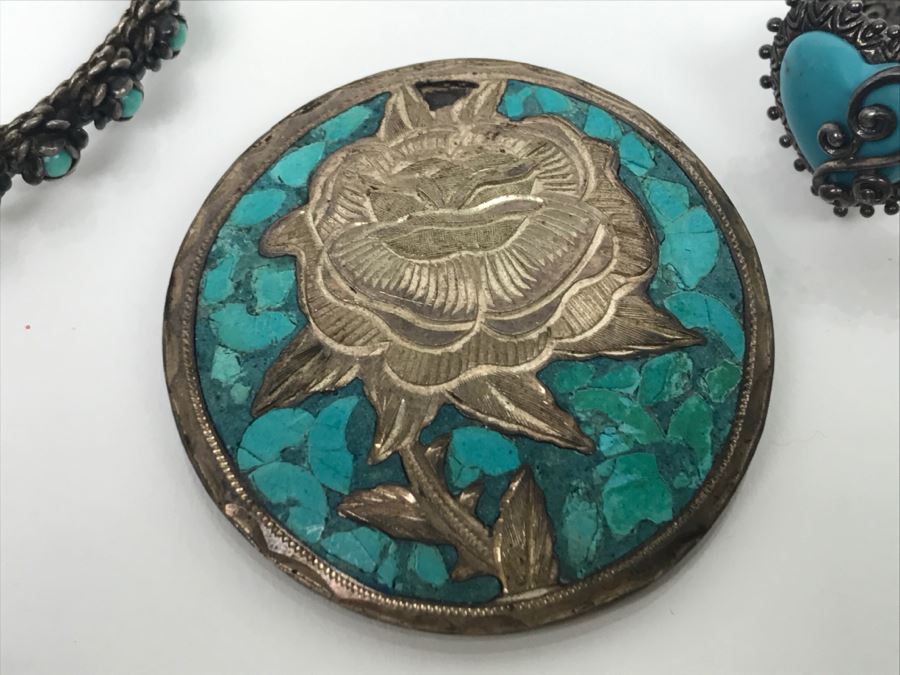 Various Sterling Silver Turquoise Jewelry Pieces Bracelet, Ring, Pendant And Cuff 81g [Photo 5]