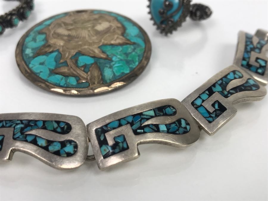 Various Sterling Silver Turquoise Jewelry Pieces Bracelet, Ring, Pendant And Cuff 81g [Photo 4]