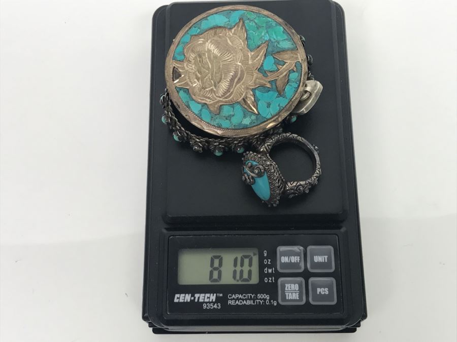 Various Sterling Silver Turquoise Jewelry Pieces Bracelet, Ring, Pendant And Cuff 81g [Photo 20]