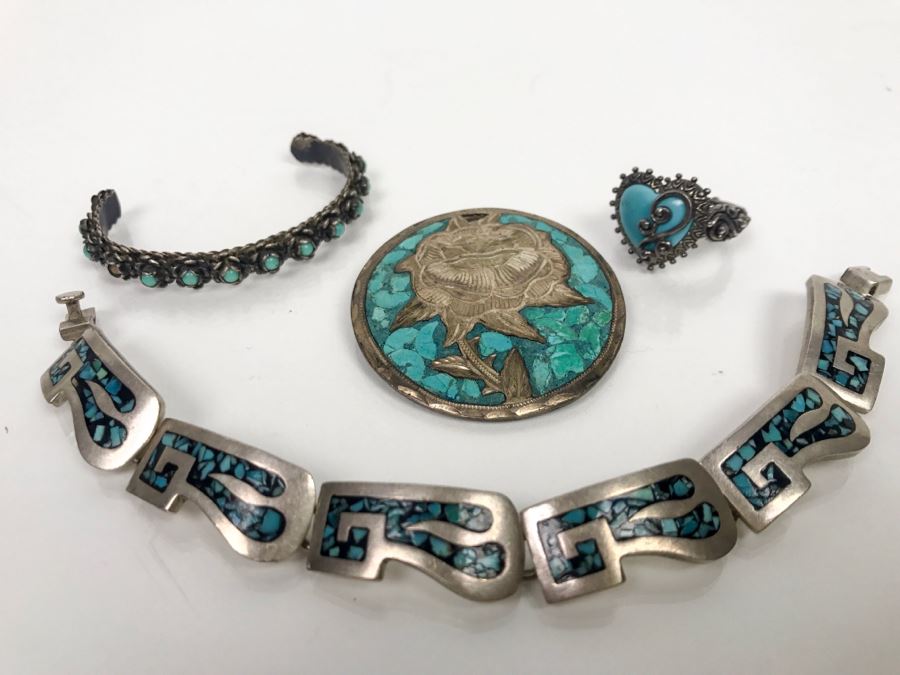 Various Sterling Silver Turquoise Jewelry Pieces Bracelet, Ring, Pendant And Cuff 81g [Photo 1]