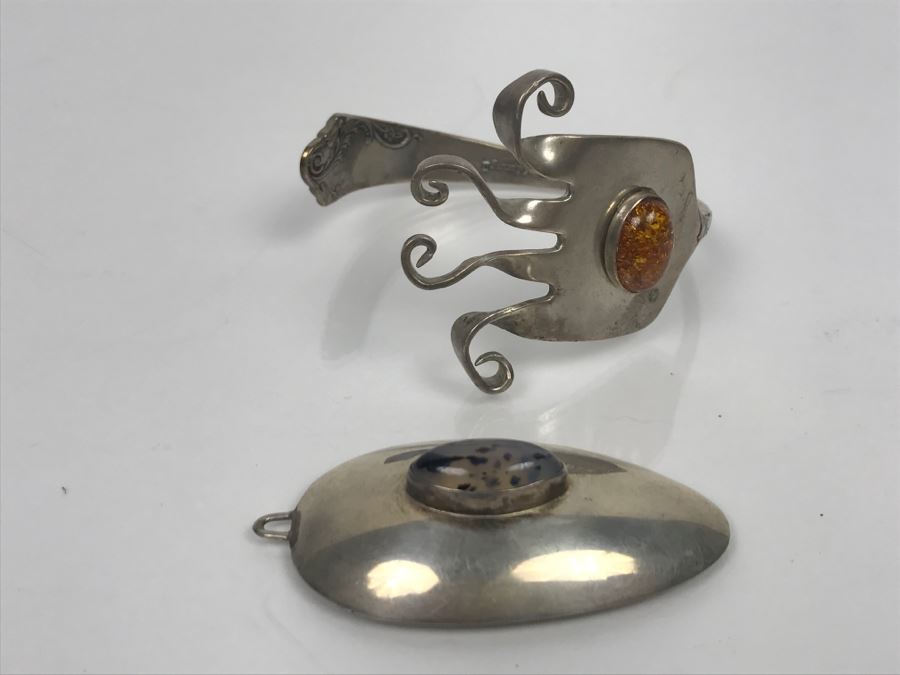 Sterling Silver Flatware Jewelry Pieces Cuff Bracelet And Pendant 47.5g [Photo 5]