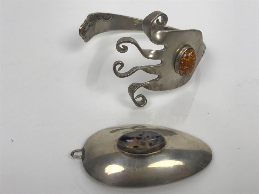 Sterling Silver Flatware Jewelry Pieces Cuff Bracelet And Pendant 47.5g [Photo 4]