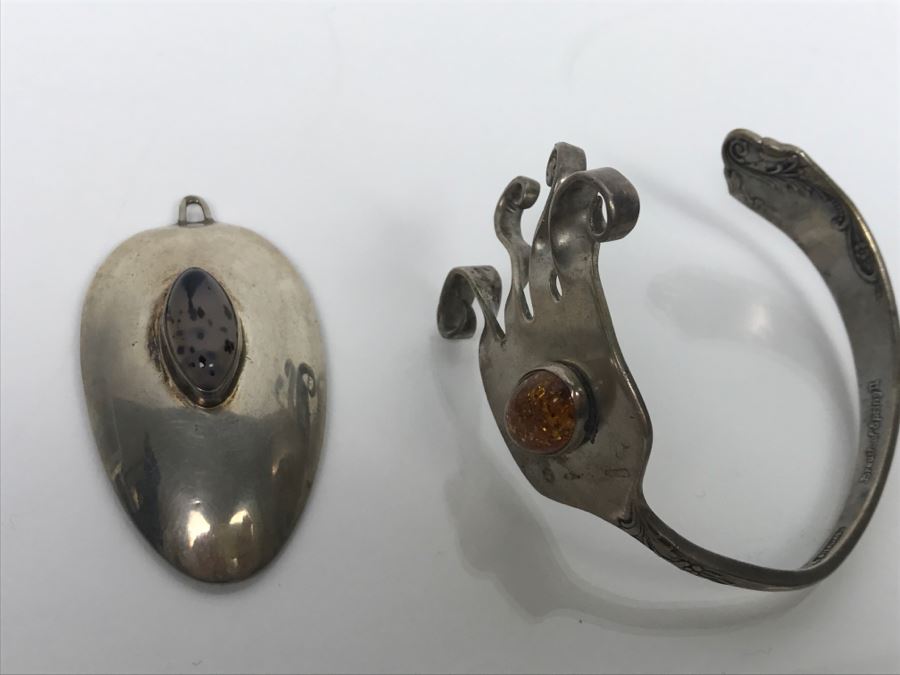 Sterling Silver Flatware Jewelry Pieces Cuff Bracelet And Pendant 47.5g [Photo 3]