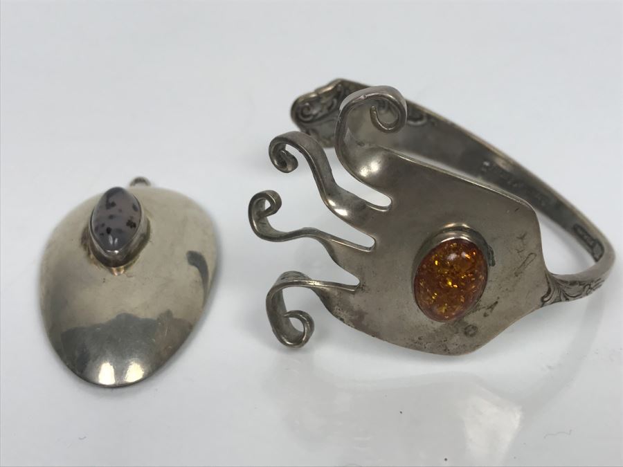 Sterling Silver Flatware Jewelry Pieces Cuff Bracelet And Pendant 47.5g