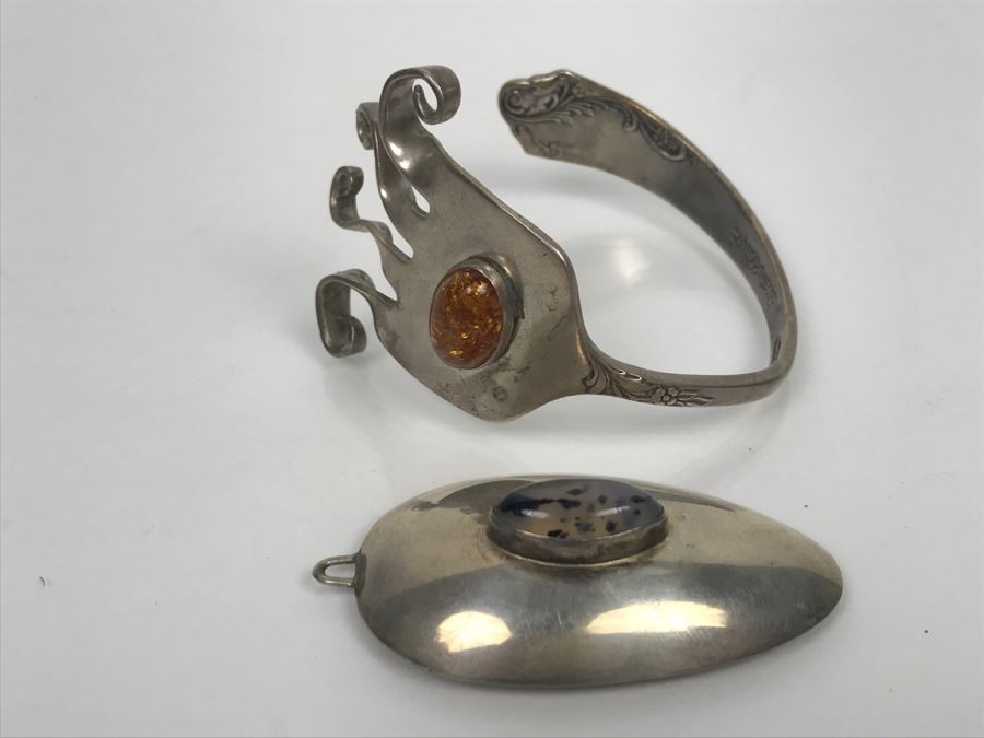 Sterling Silver Flatware Jewelry Pieces Cuff Bracelet And Pendant 47.5g [Photo 6]