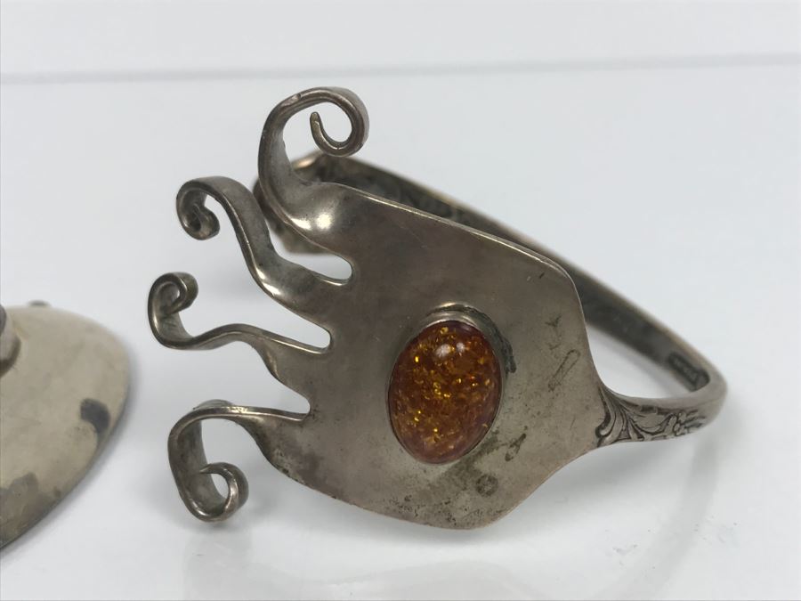 Sterling Silver Flatware Jewelry Pieces Cuff Bracelet And Pendant 47.5g [Photo 2]