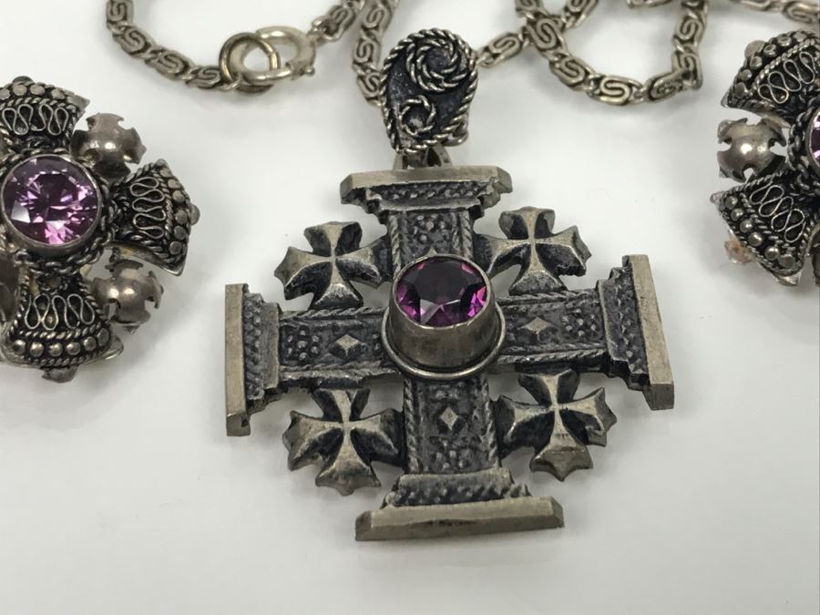 Sterling Silver Jewelry Set With Jerusalem Cross Pendant With Chain And Matching Clip Earrings Purple Stones 28.3g [Photo 8]
